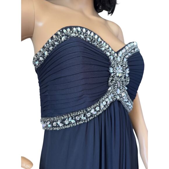 XSCAPE Navy Chiffon Jeweled Bodice Empire A-Line strapless Evening Gown 8 - Picture 6 of 16
